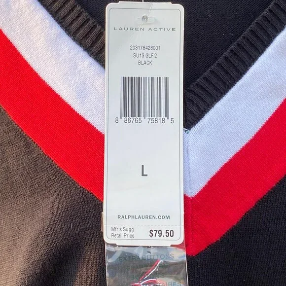 Lauren Ralph Lauren Active Women V-neck Golf Sweater L Preppy Black Cotton S/S - Picture 4 of 14